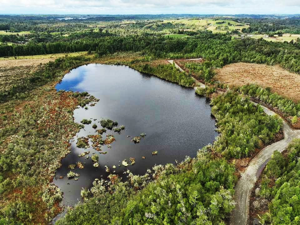 Vista aérea de una laguna natural rodeada de vegetación en Quemchi, Chiloé, destacada por su conservación y belleza natural.